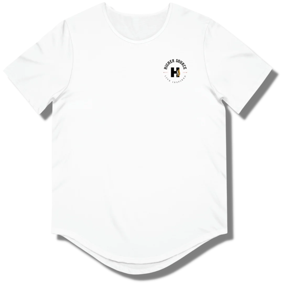 Front side of a white curved hem t shirt with a circular higher source logo. The font is in black.
