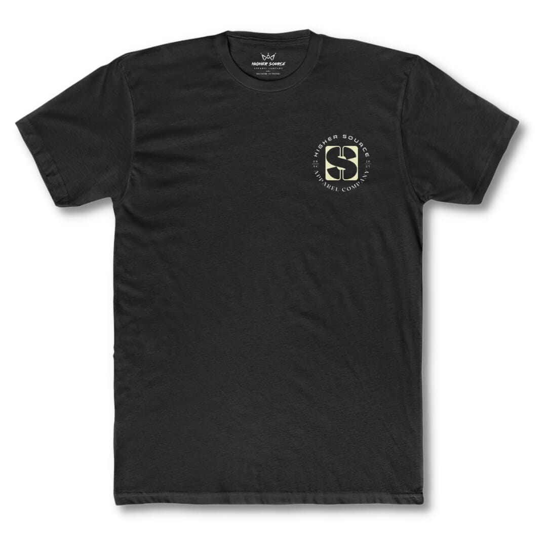 Front side of a black higher source apparel t shirt with the higher source logo in light yellow. The font is white.