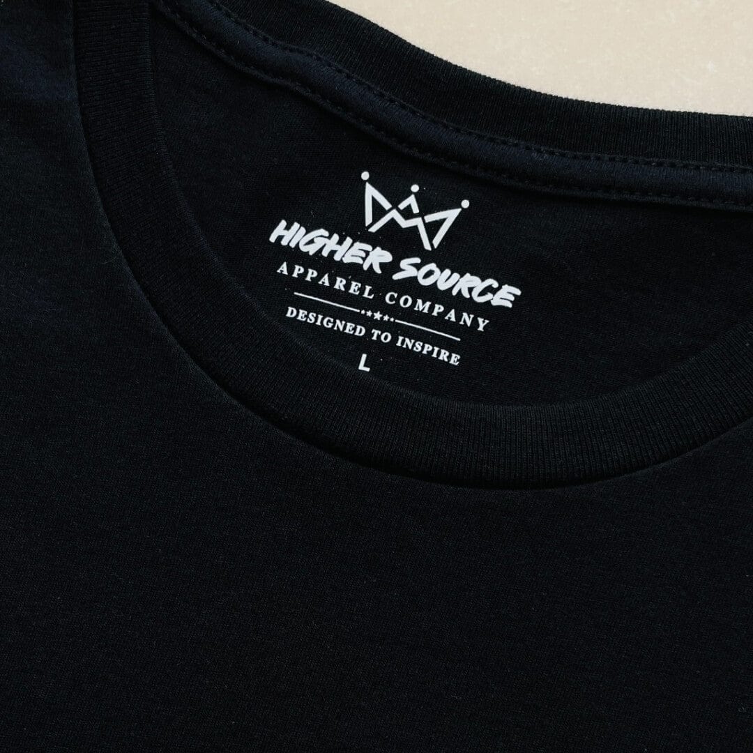 Close up of a higher source apparel company neck tag.