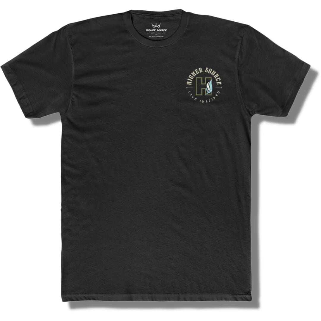 Front side of a black t shirt with a circular higher source logo. The font is in the color mustard green.