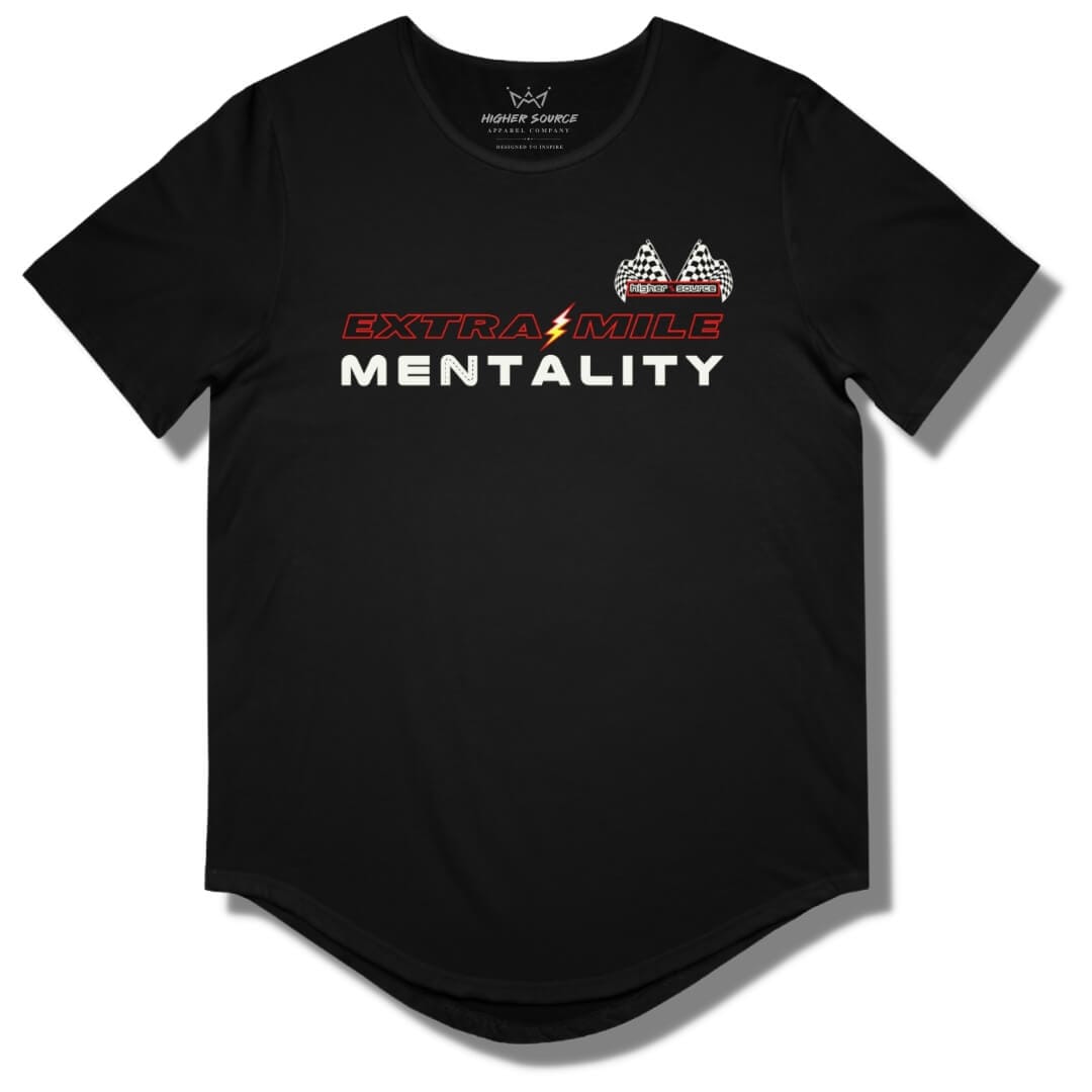 Front side of a black curved hem t shirt with “extra mile mentality” in red and white font. A white, red, and yellow lightning bolt separates the word extra and mile. The higher source logo is in the upper left breast area in white font with dual checkered flags.