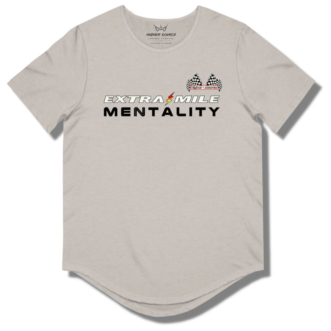 Front side of a heather cool grey curved hem t shirt with “extra mile mentality” in white and black font. A red and yellow lightning bolt separates the word extra and mile. The higher source logo is in the upper left breast area in black font with dual checkered flags.
