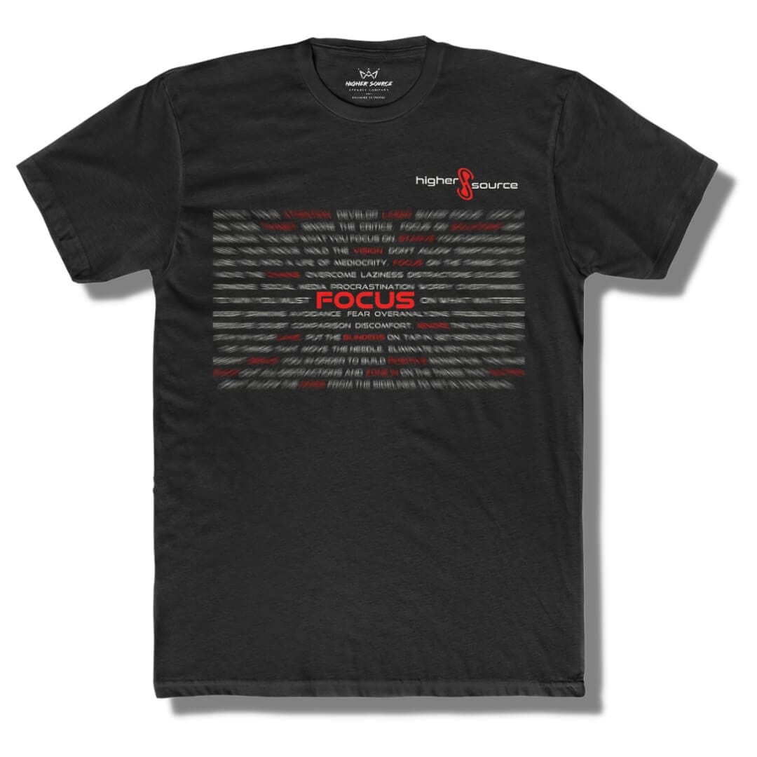 Front of black T shirt. Writing is blurred with "Focus" in the center in red font.