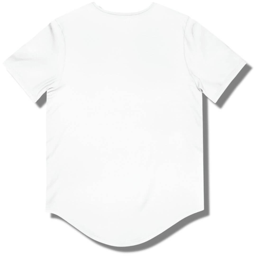 Blank back side of a white curved hem t shirt.