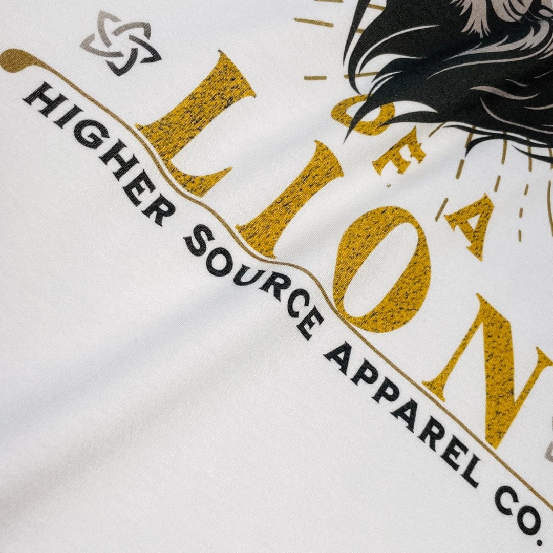 A close up of a white higher source apparel t shirt
