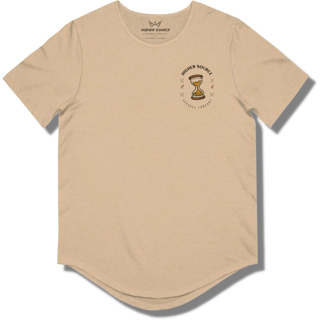 Front side of a heather sand dune curved hem t shirt with a higher source logo in black font and a dark gold hour glass in the upper left breast area.