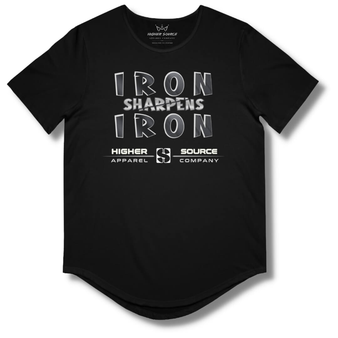 Front side of a black curved hem t shirt with “iron sharpens iron” in bold black and American silver font and higher source apparel company below in silver font.