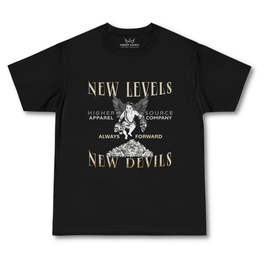 A black oversized men’s t shirt with new levels, new devils in large bone font. Higher source apparel company is printed in the center along with a cherub holding a pair of skulls & a mount of collected skulls below.