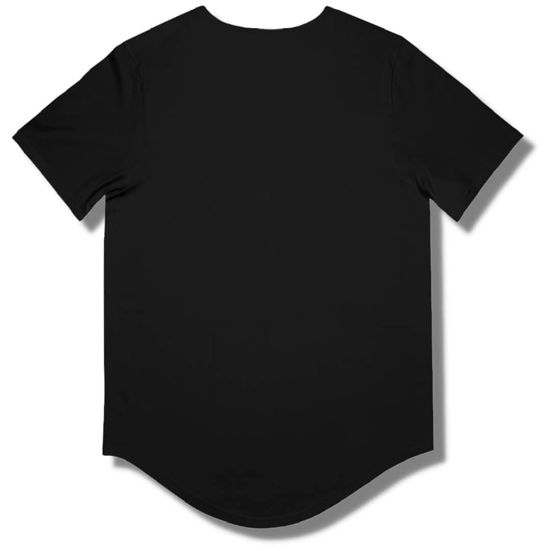 Blank back side of a black curved hem t shirt.