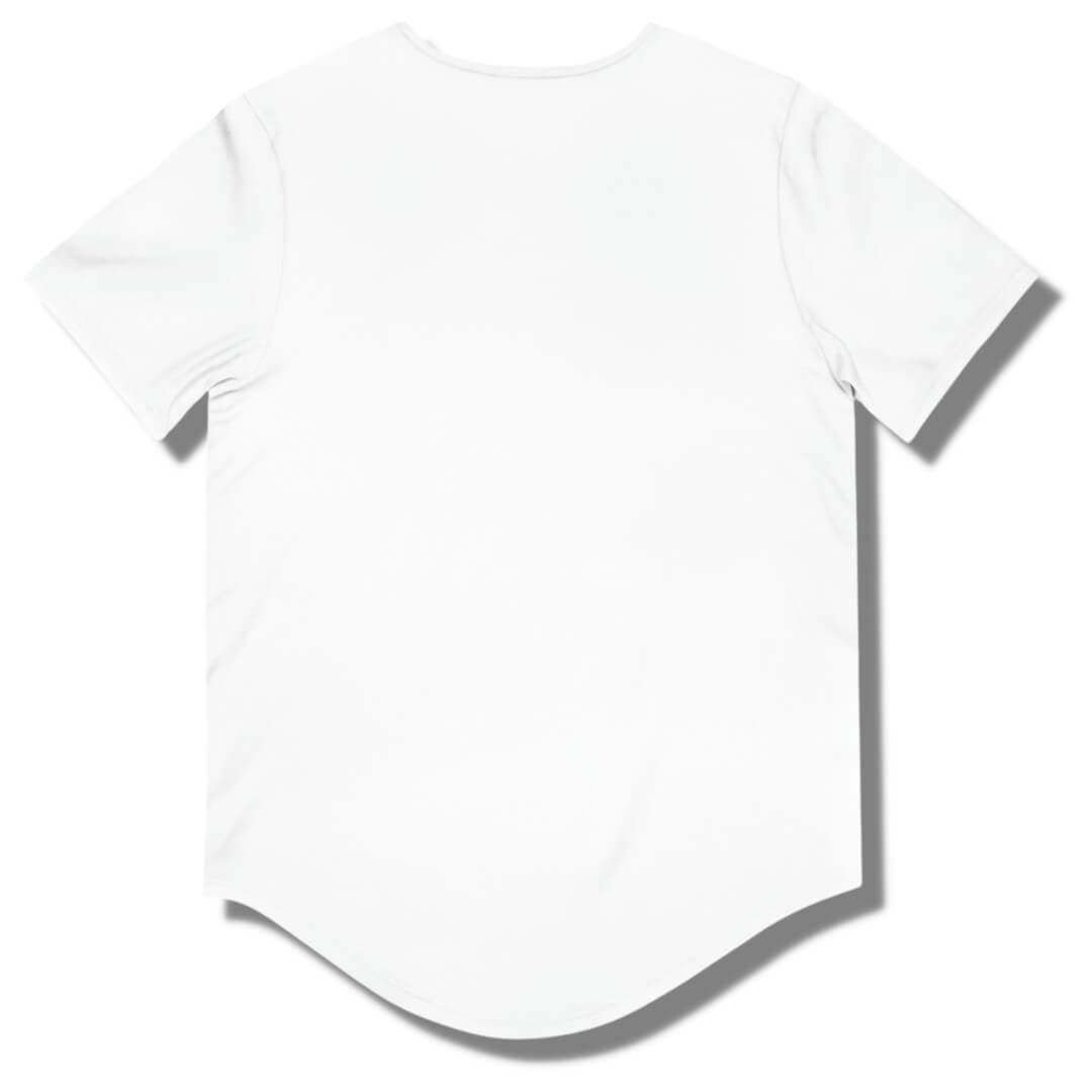 Blank back side of a white curved hem t shirt.