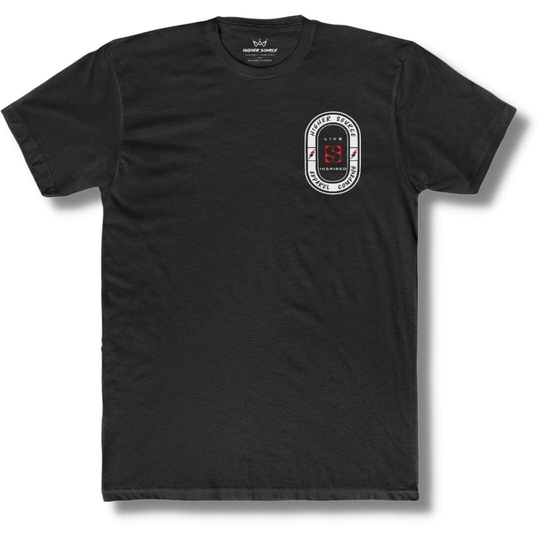 Front side of a black t shirt with an oval shaped higher source apparel company logo in white in the upper left breast area. The font is black with two red and black lighting bolts. “Live inspired” surrounds the red logo in the center.