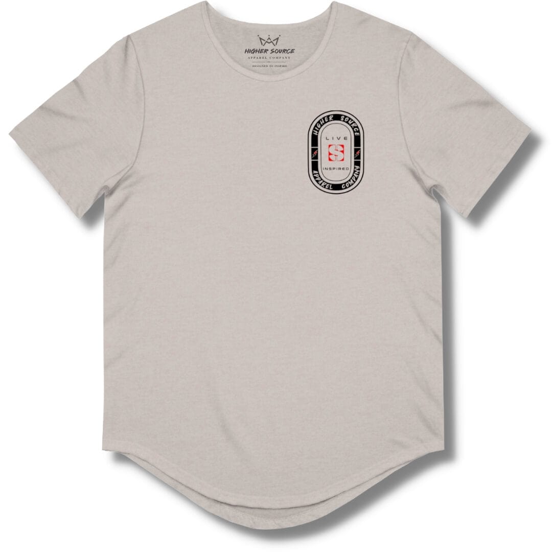 Front side of a heather cool grey curved hem t shirt with an oval shaped higher source apparel company logo in black in the upper left breast area. The font is grey with two red and black lighting bolts. “Live inspired” surrounds the red logo in the center.