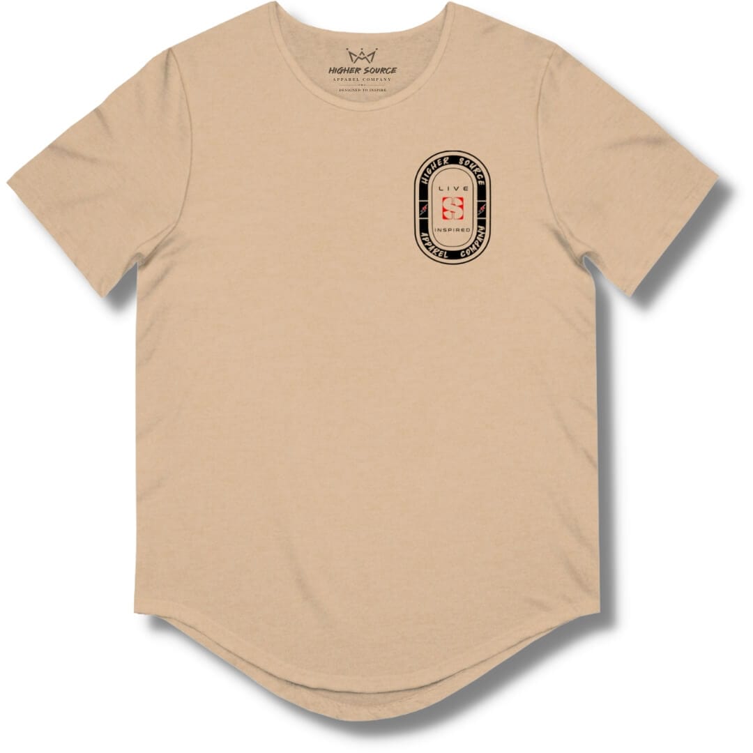 Front side of a heather sand dune curved hem t shirt with an oval shaped higher source apparel company logo in black in the upper left breast area. The font is sand dune with two red and black lighting bolts. “Live inspired” surrounds the red logo in the center.