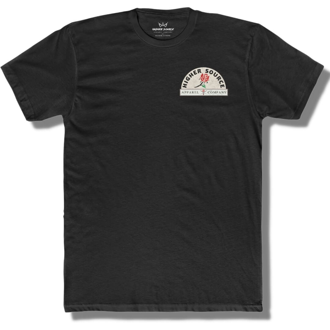 Front side of a black t shirt with higher source logo in black font along with a lava red rose. The logo is in upper left breast area.