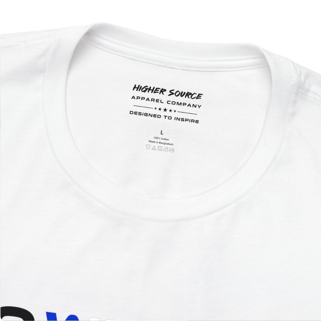 The inside neck label of a white higher source apparel t shirt