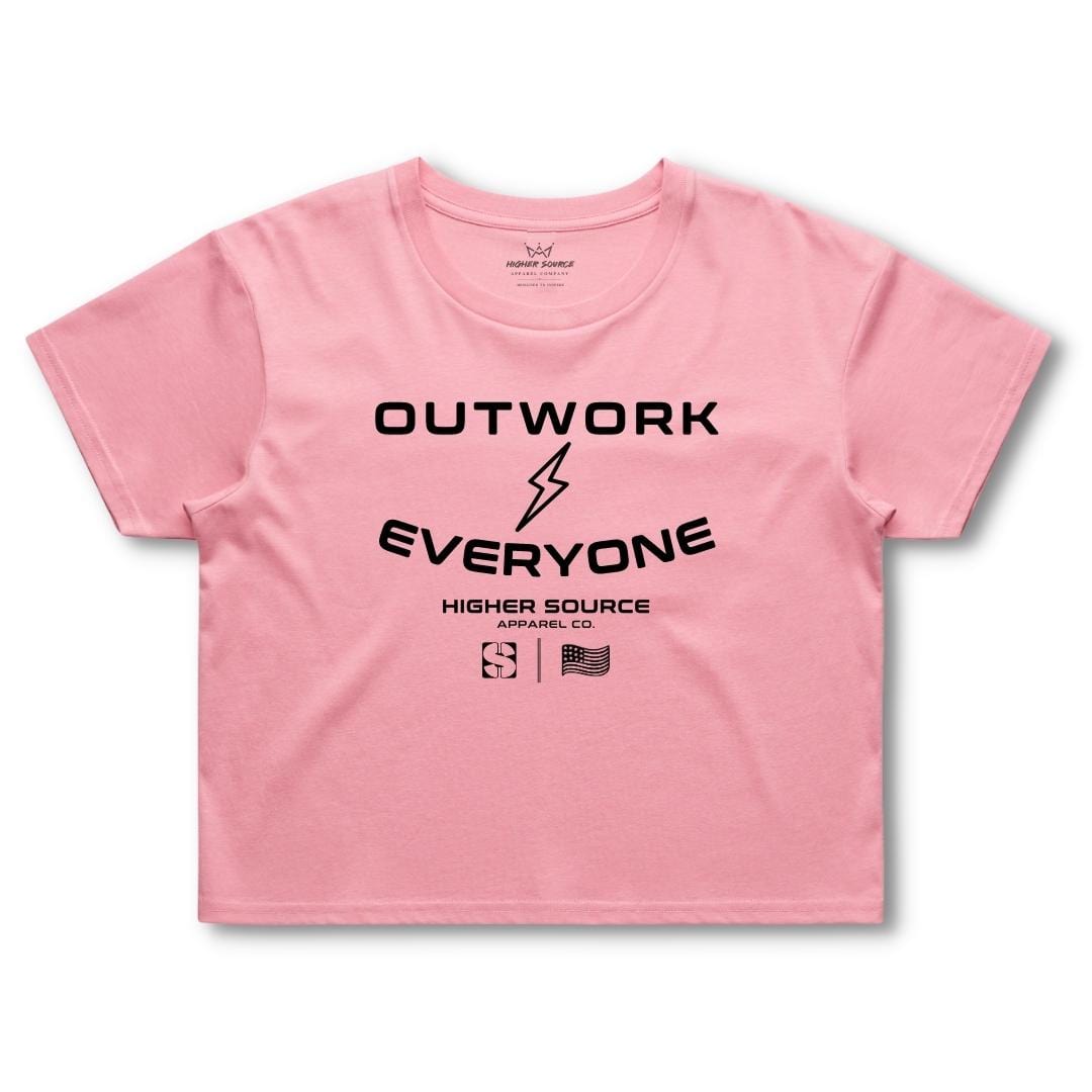Front side of a women's bubblegum (color) higher source apparel streetwear crop tee. Outwork everyone is in large black font surrounding a black lightening bolt. Higher source apparel company is below in smaller black font along with the higher source HS logo and an abstract american flag.