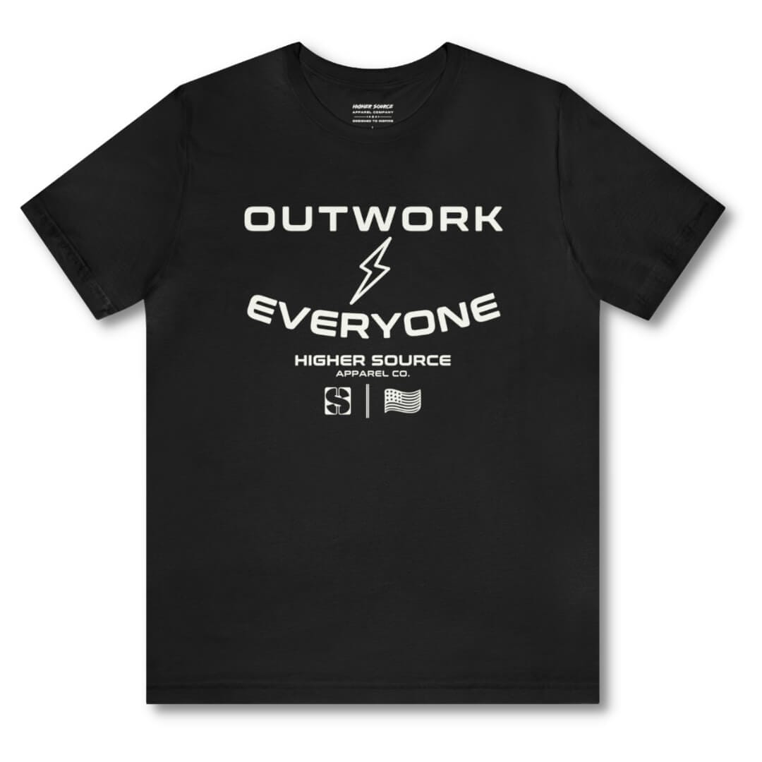 Front side of a women's black higher source apparel t shirt. Outwork everyone is in large white font surrounding a white lightening bolt. Higher source apparel company is below in smaller white font along with the higher source HS logo and an abstract american flag.
