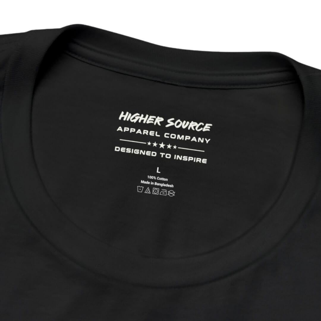 The inside neck label of a black higher source apparel t shirt