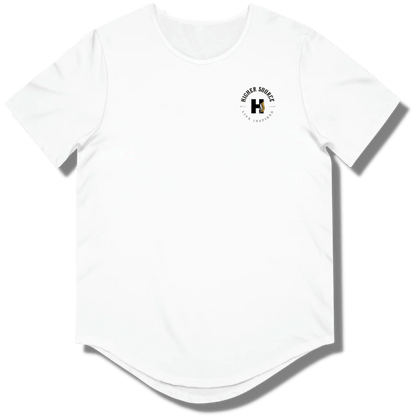 Front side of a white curved hem t shirt with a circular higher source logo. The font is in black.