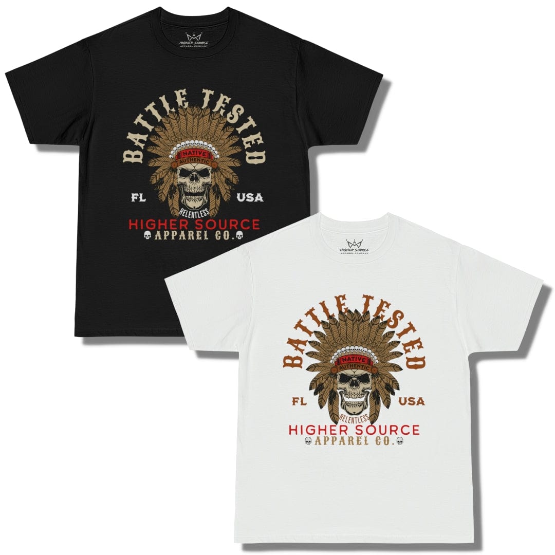 A black & a white oversized t shirt with battle tested in large dark vanilla font and an apache skull in the center. Higher Source apparel company is at the bottom in red and dark vanilla font.