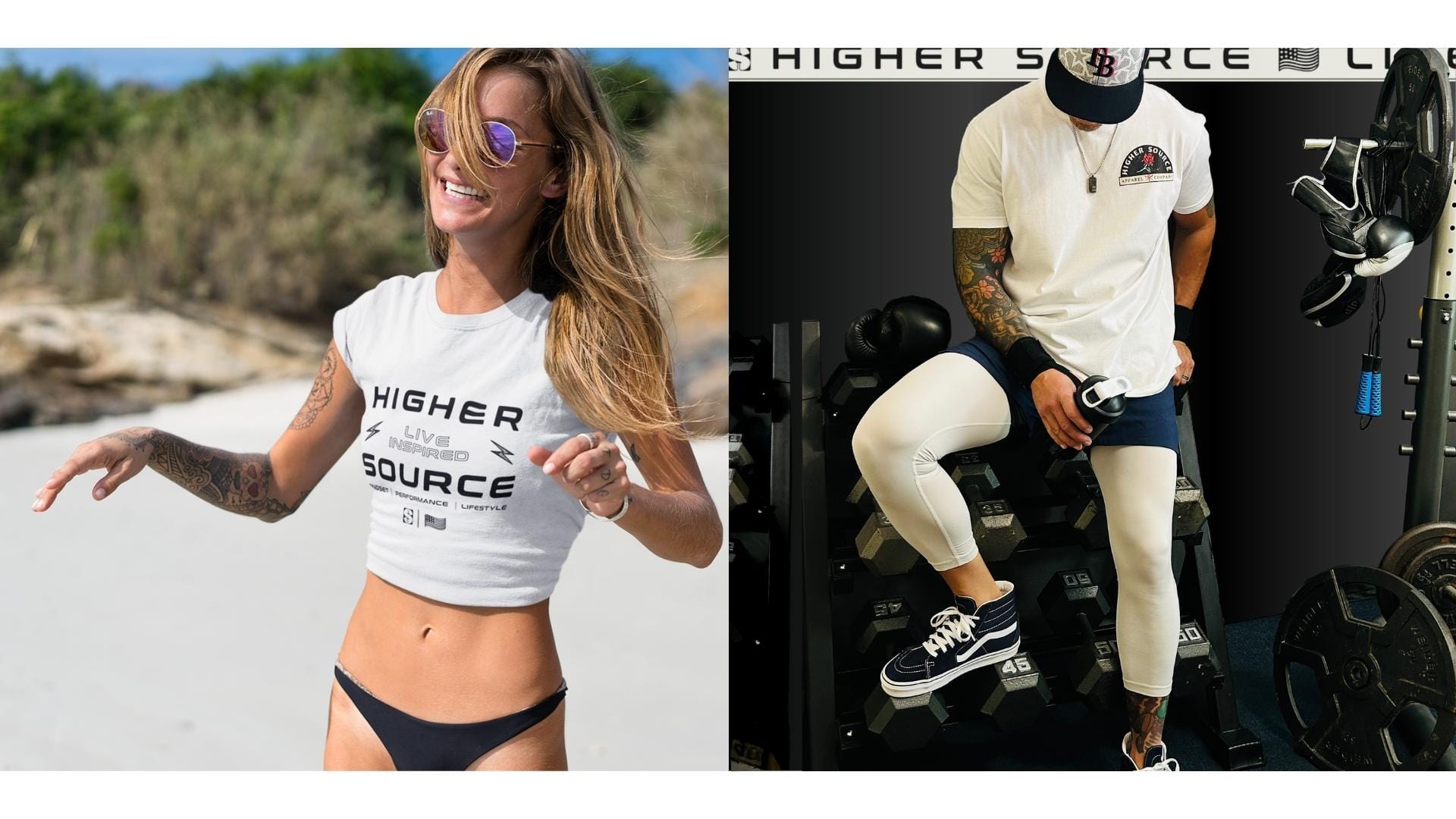 On the left is an image of a cheerful young woman wearing a white higher source apparel crop tee on the beach. On the right is a man leaning on a weight rack with a white higher source apparel t shirt on.  