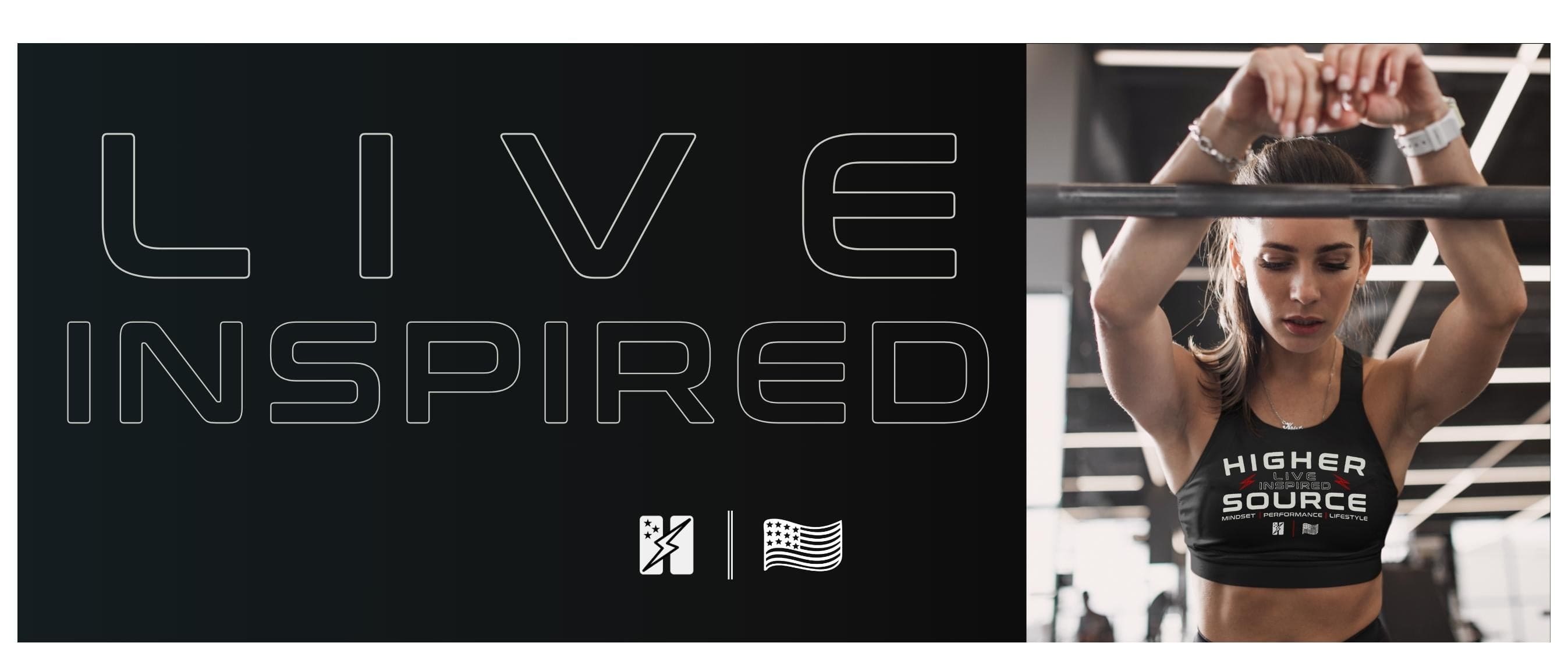 An image of a fit woman in a higher source apparel sports bra along with the slogan live inspired in large font. 