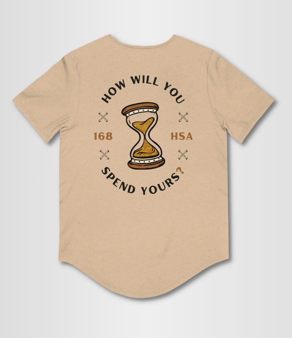 Image of a higher source apparel curved hem t shirt. Put some grind behind that prayer is in bold font on the front.