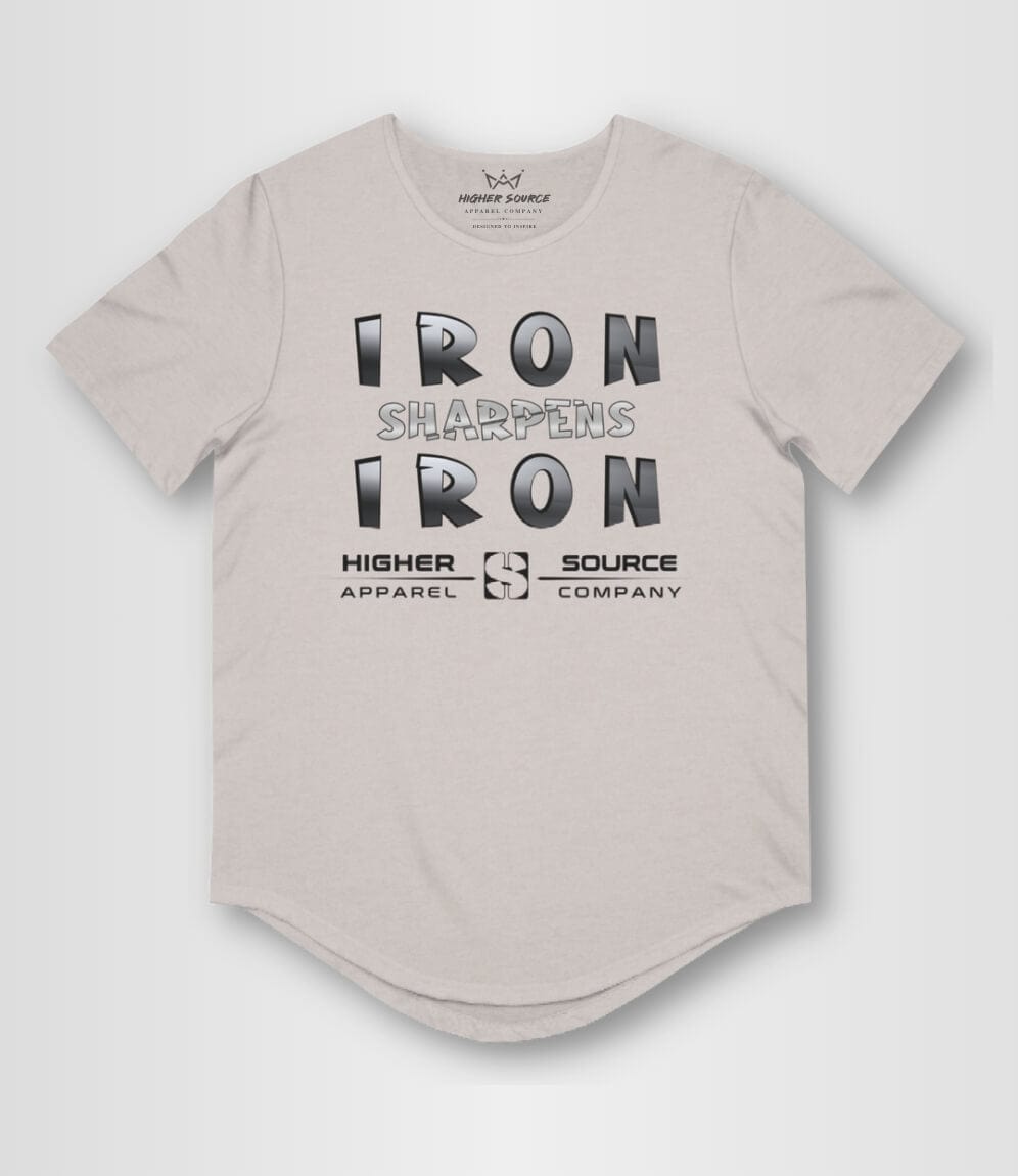 Front side of a heather cool grey higher source apparel curved hem t shirt.  Iron sharpens iron is in bold black and American silver font and higher source apparel company below in black font.