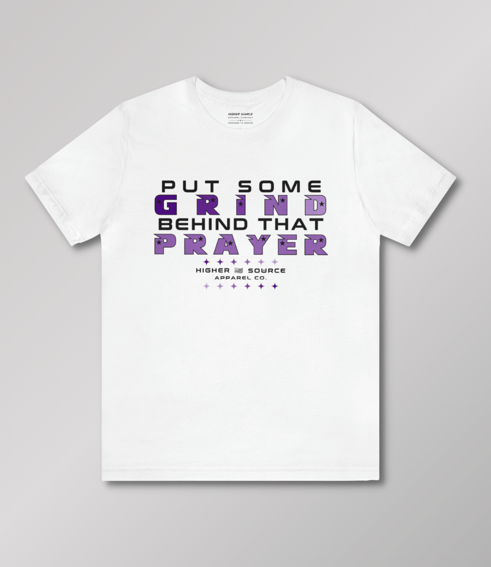 Front side of a women’s black higher source apparel t shirt with “no weapon formed shall prosper” in pale magenta and off white font. A pair of swords are crossed in the center of the shirt with higher source apparel company in off white and pale magenta font.