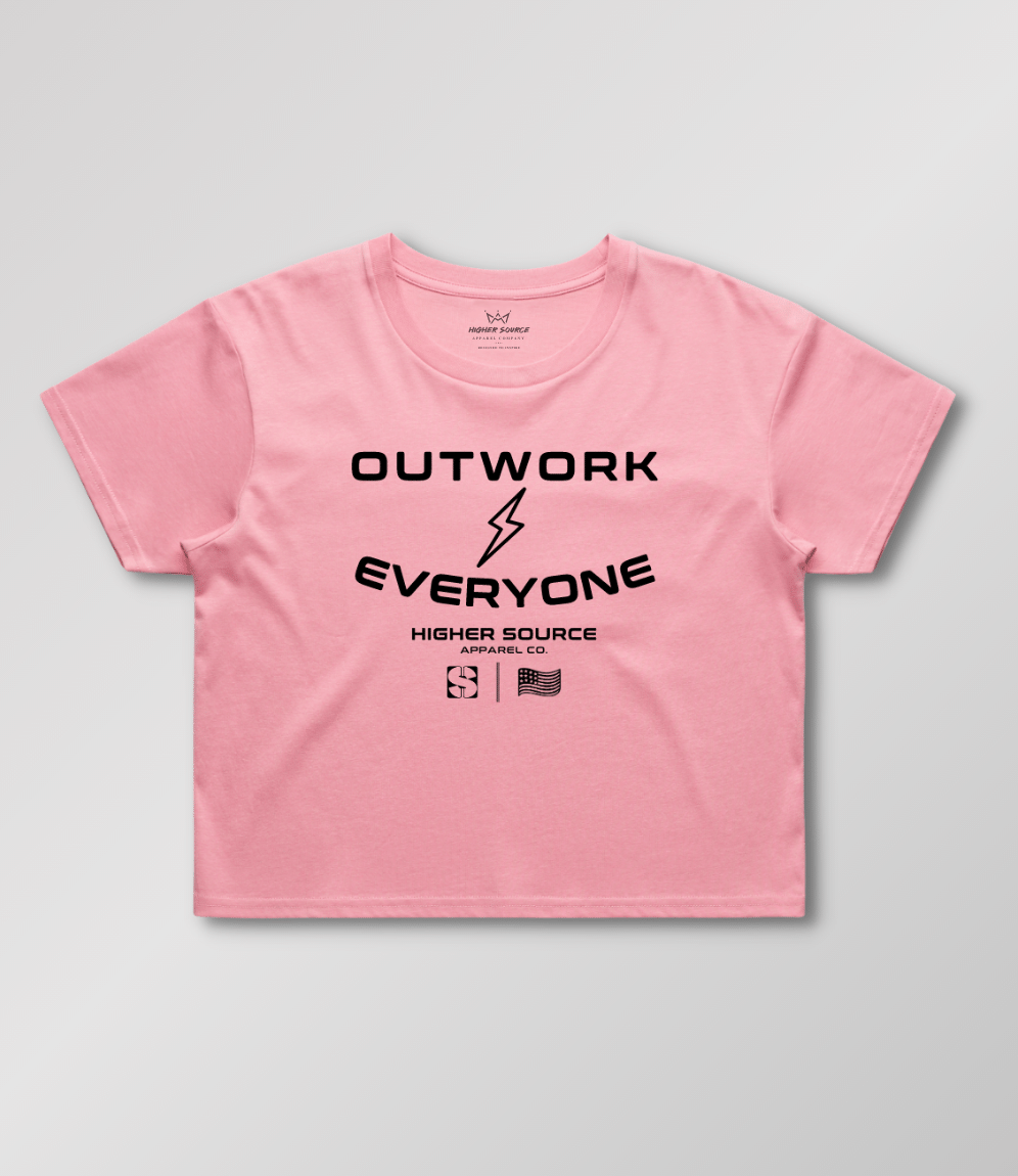 Front side of a women's bubblegum (color) higher source apparel streetwear crop tee. Outwork everyone is in large black font surrounding a black lightening bolt. Higher source apparel company is below in smaller black font along with the higher source HS logo and an abstract american flag.