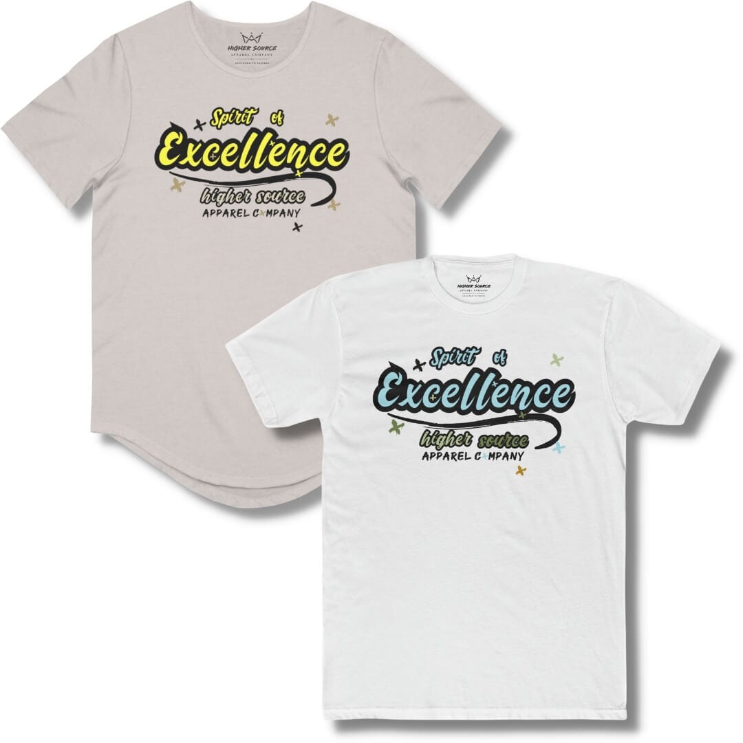 A heather cool grey shirt and a white shirt with “spirit of excellence” printed in bold font. The higher source logo is in the upper left breast area. 