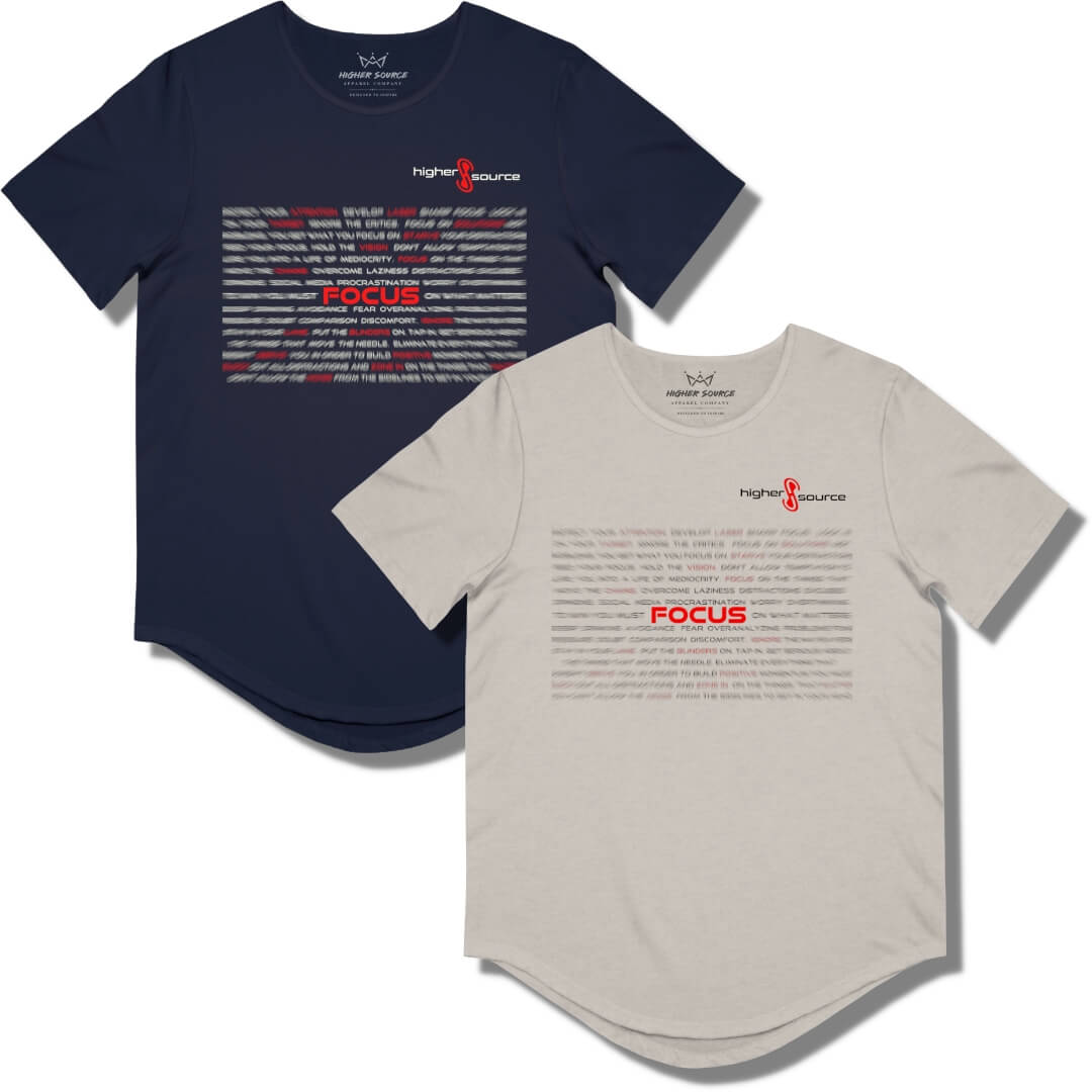 A navy shirt & a heather sand dune shirt with blurred words printed on the front. The center comes to a focal point to highlight the word “focus”.  The higher source logo is printed in the upper left breast area on the front.