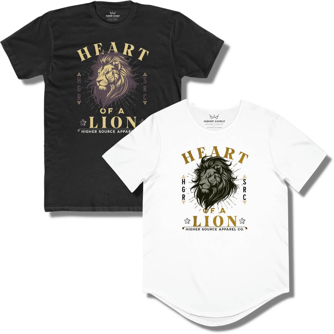 A black and a white t shirt with “heart of a lion” printed in bold font on the front. There is a large image of a lion’s head in the center and higher source apparel company at the bottom.