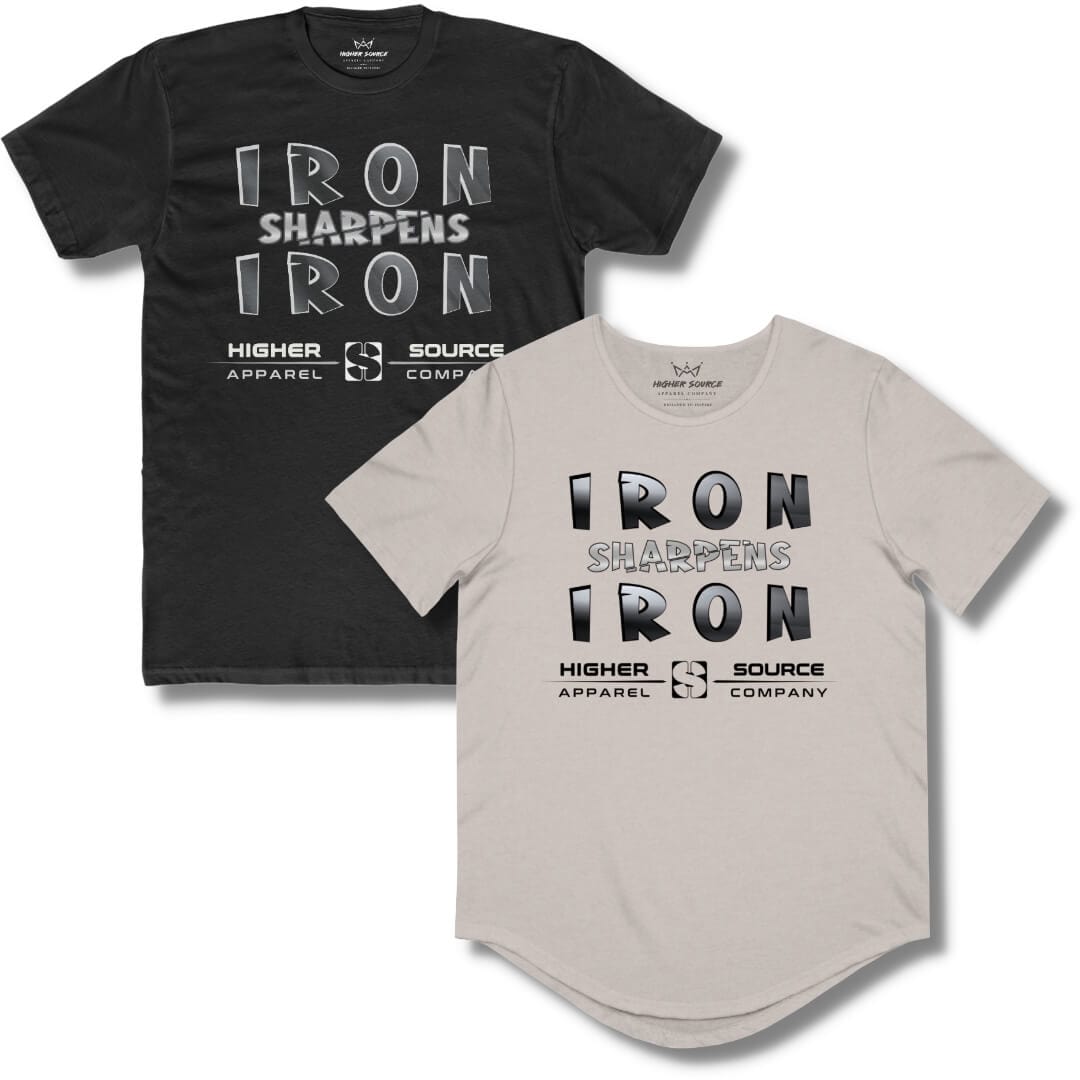 A black and a heather sand dune higher source apparel company t shirt with “iron sharpens iron” printed on the front in american silver and black font. 