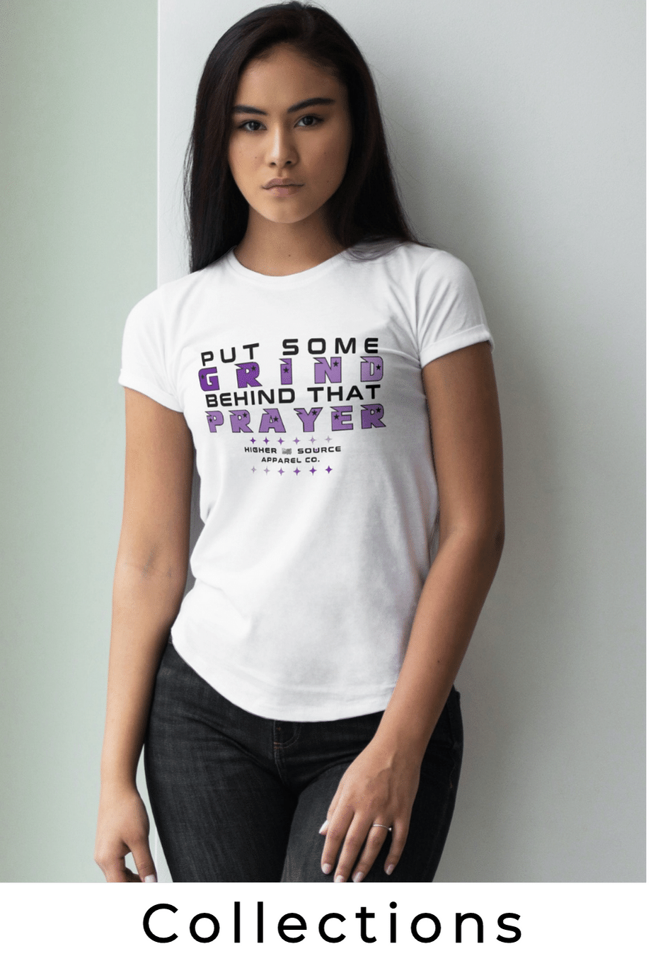 Image of a woman wearing a white higher source apparel t shirt.. Shop women’s tops by collection.