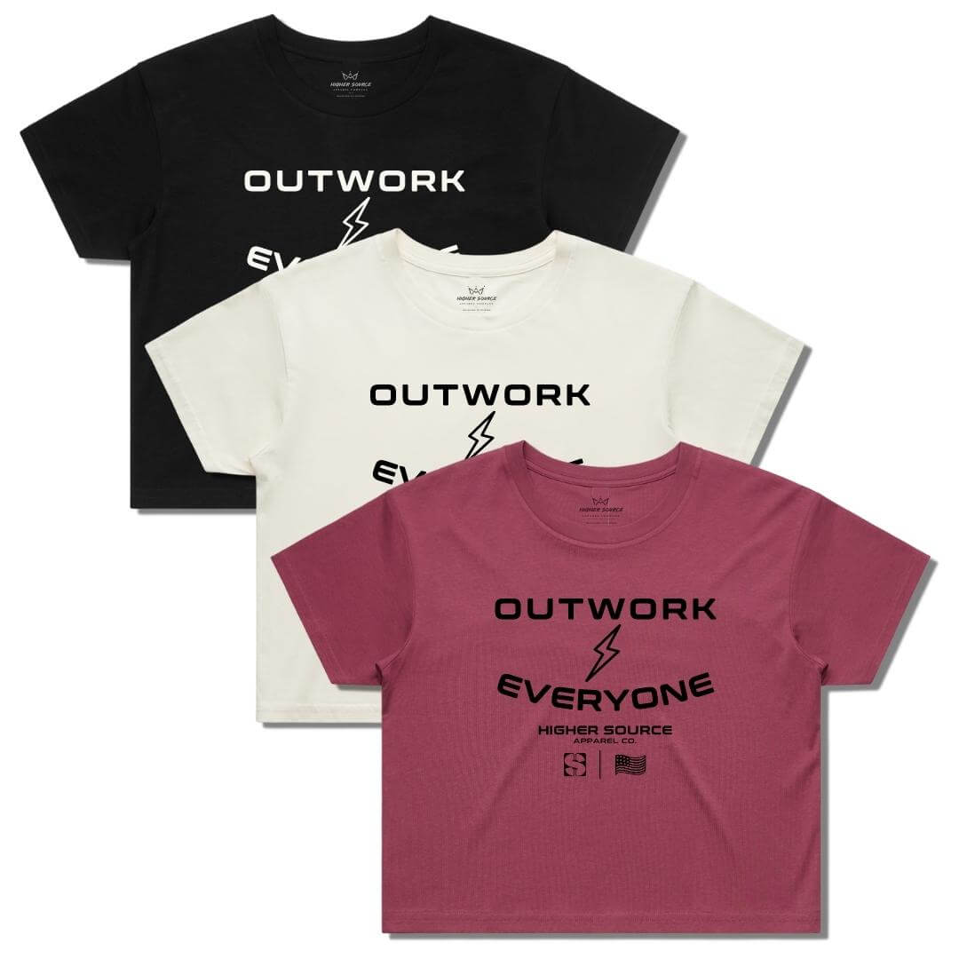Three relaxed fit street crop tees that represent the higher source women’s crop tee collection.  