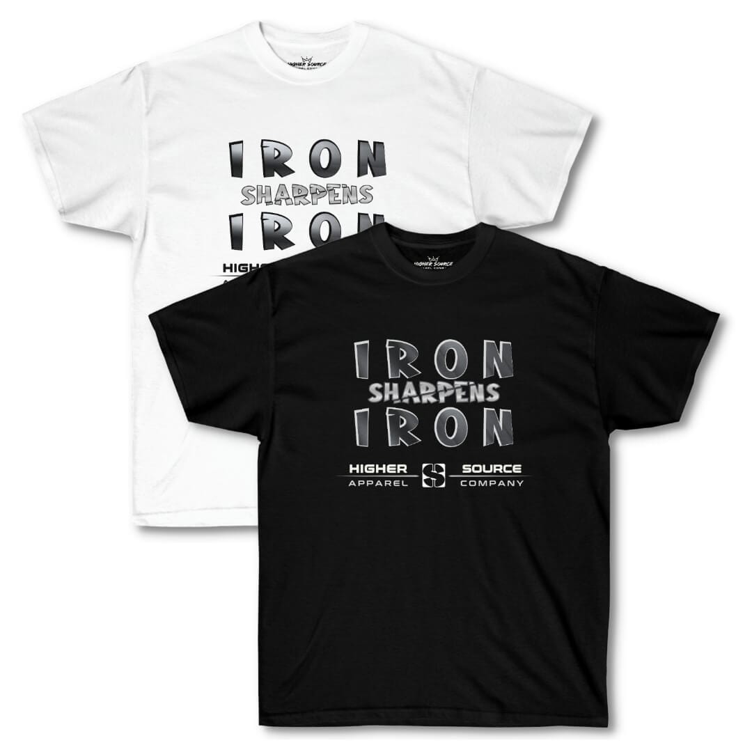 Two women’s higher source slightly oversized t shirts partially overlapping one another. Iron sharpens iron is printed on the front in large american silver and black font. 