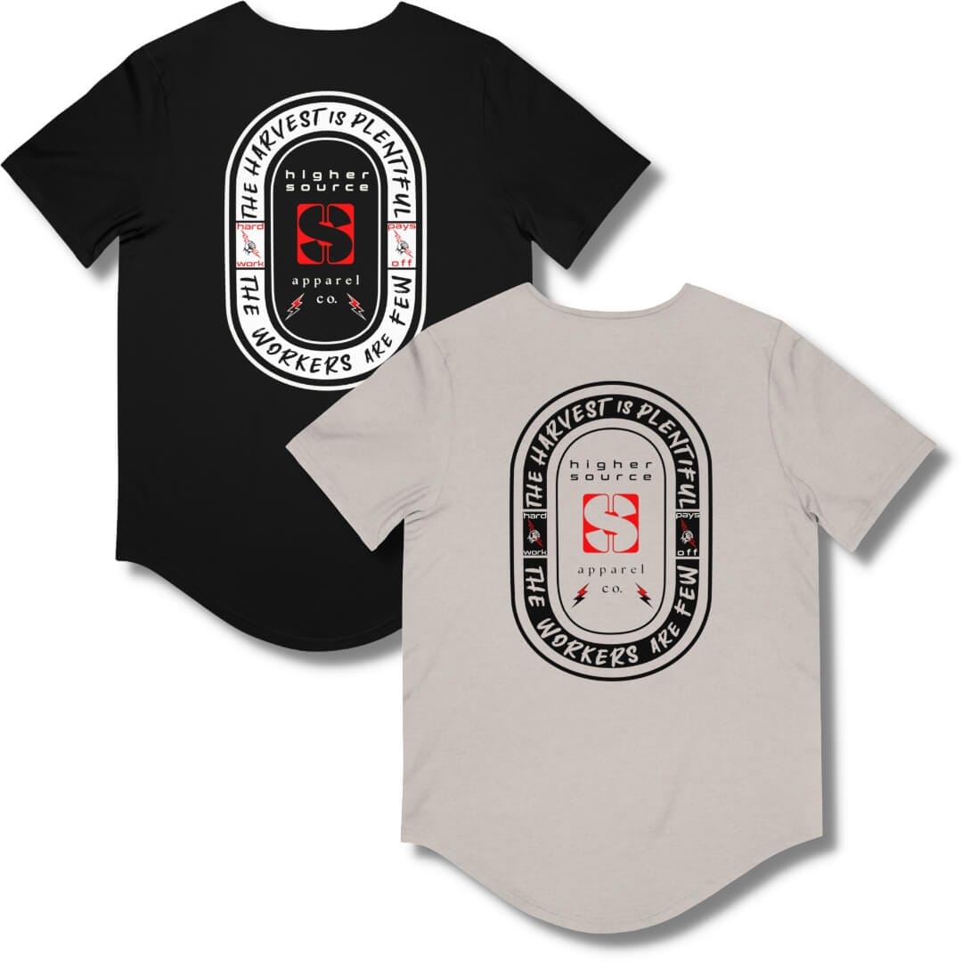 A black and a heather cool gray t-shirt with an oval shaped logo with the harvest is plentiful, the workers are few printed in large font on the back.