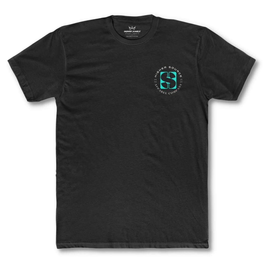Front side of a black higher source apparel t shirt with the higher source logo in bright turquoise. The font is in white.
