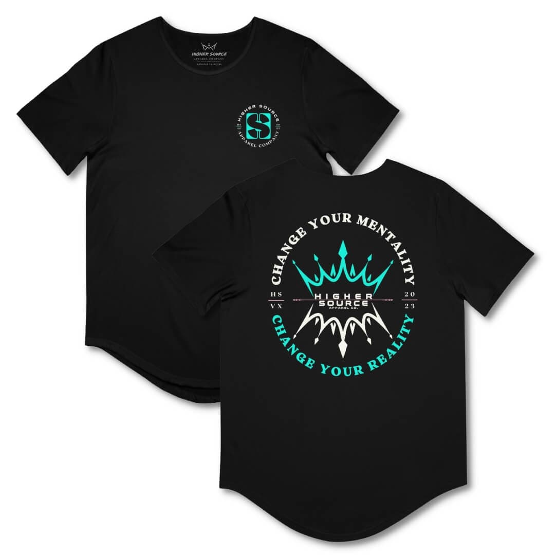 Front and back side of a black higher source apparel curved hem t shirt with "change your mentality, change your reality in an oval pattern. The font is bright turquoise and white with two crowns in the center.