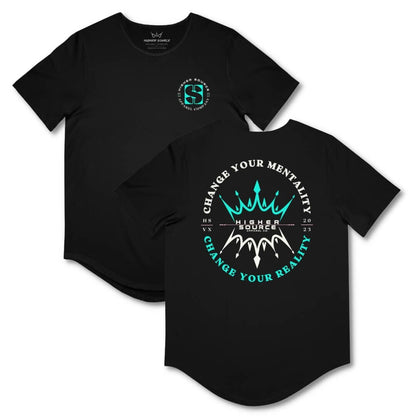 Front and back side of a black higher source apparel curved hem t shirt with "change your mentality, change your reality in an oval pattern. The font is bright turquoise and white with two crowns in the center.