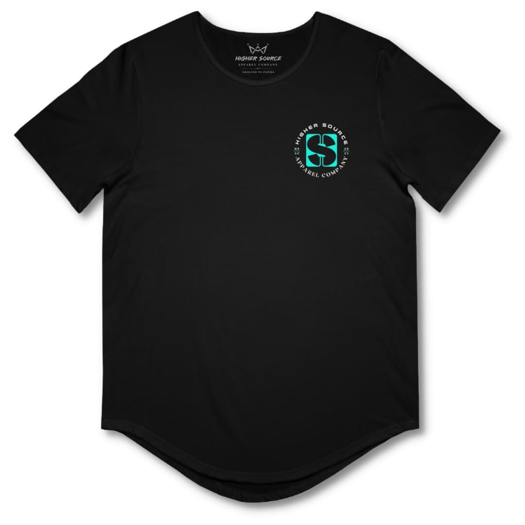 Front side of a black higher source apparel curved hem t shirt with the higher source logo in bright turquoise and white font.