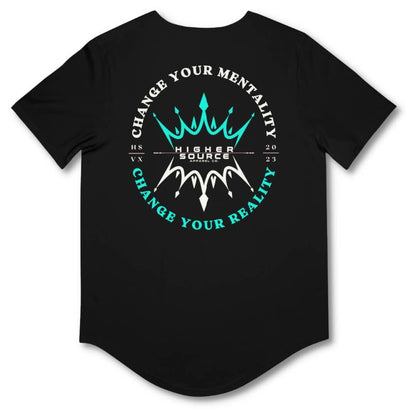 Back side of a black higher source apparel curved hem t shirt with "change your mentality, change your reality in an oval pattern. The font is bright turquoise and white with two crowns in the center.