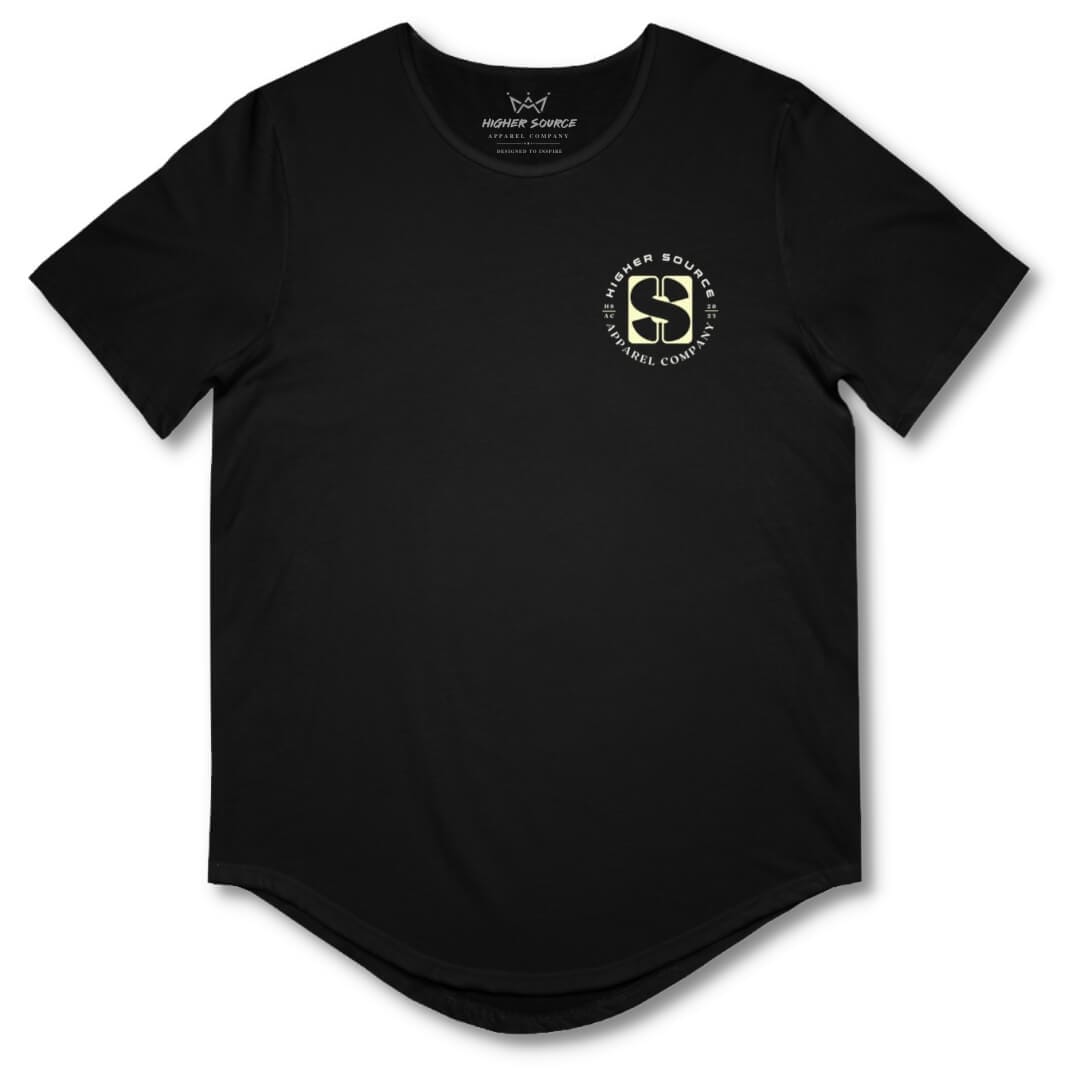 Front side of a black higher source apparel curved hem t shirt with the higher source logo in light yellow.