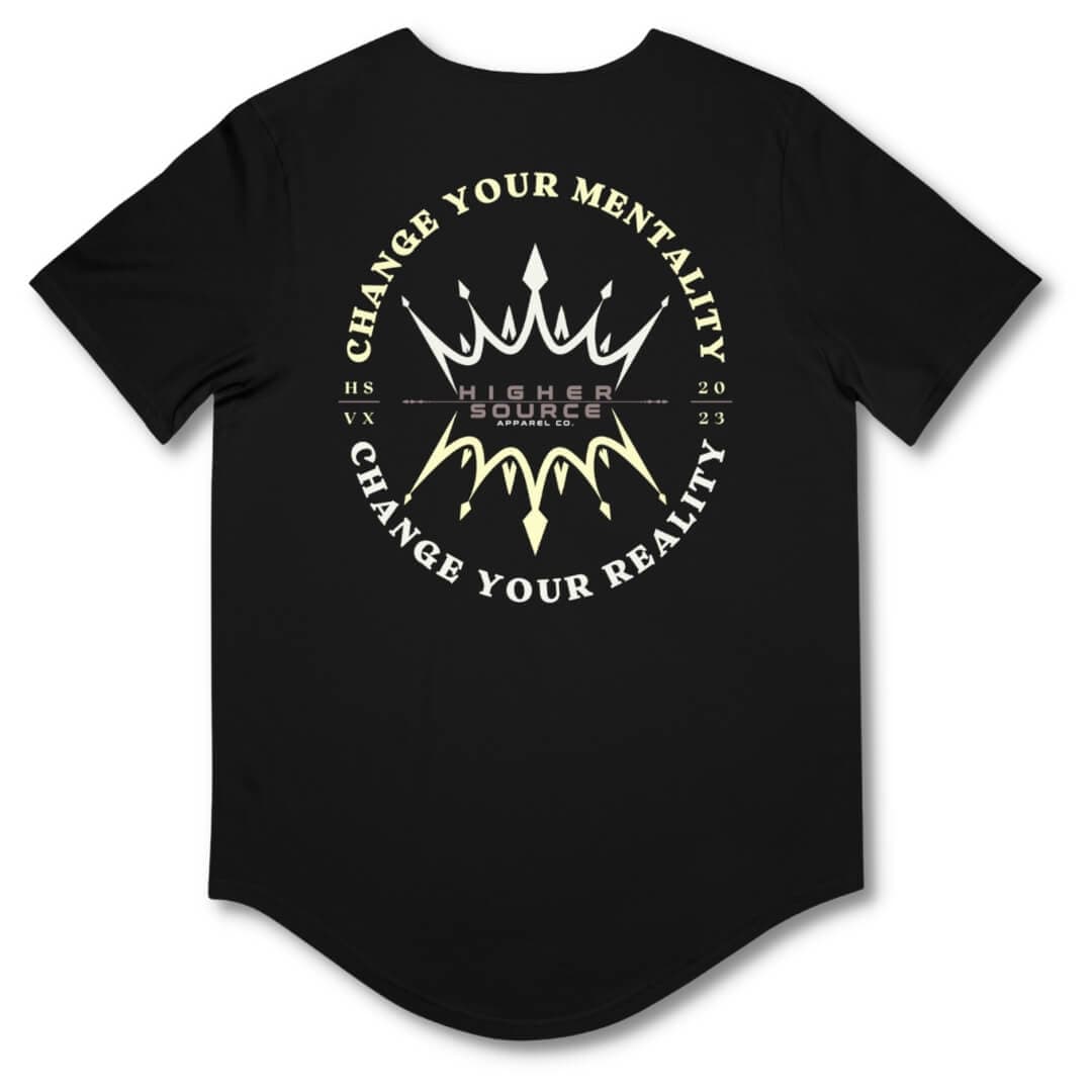 Back side of a black curved hem t shirt with "change your mentality, change your reality in an oval pattern. The font is in the color conditioner (yellow) and white.