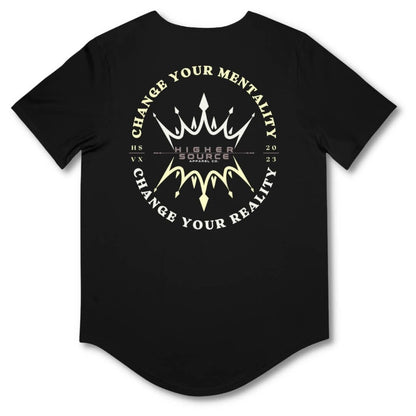 Back side of a black curved hem t shirt with "change your mentality, change your reality in an oval pattern. The font is in the color conditioner (yellow) and white.