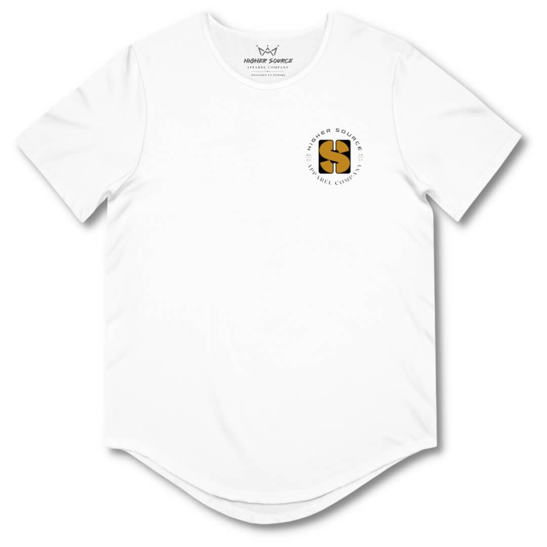 Front side of a white higher source apparel curved hem t shirt with the higher source logo in gold with black font. 