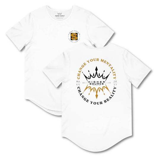Front and back side of a white higher source apparel curved hem t shirt with "change your mentality, change your reality in an oval pattern. The font is black and gold with two crowns in the center. 