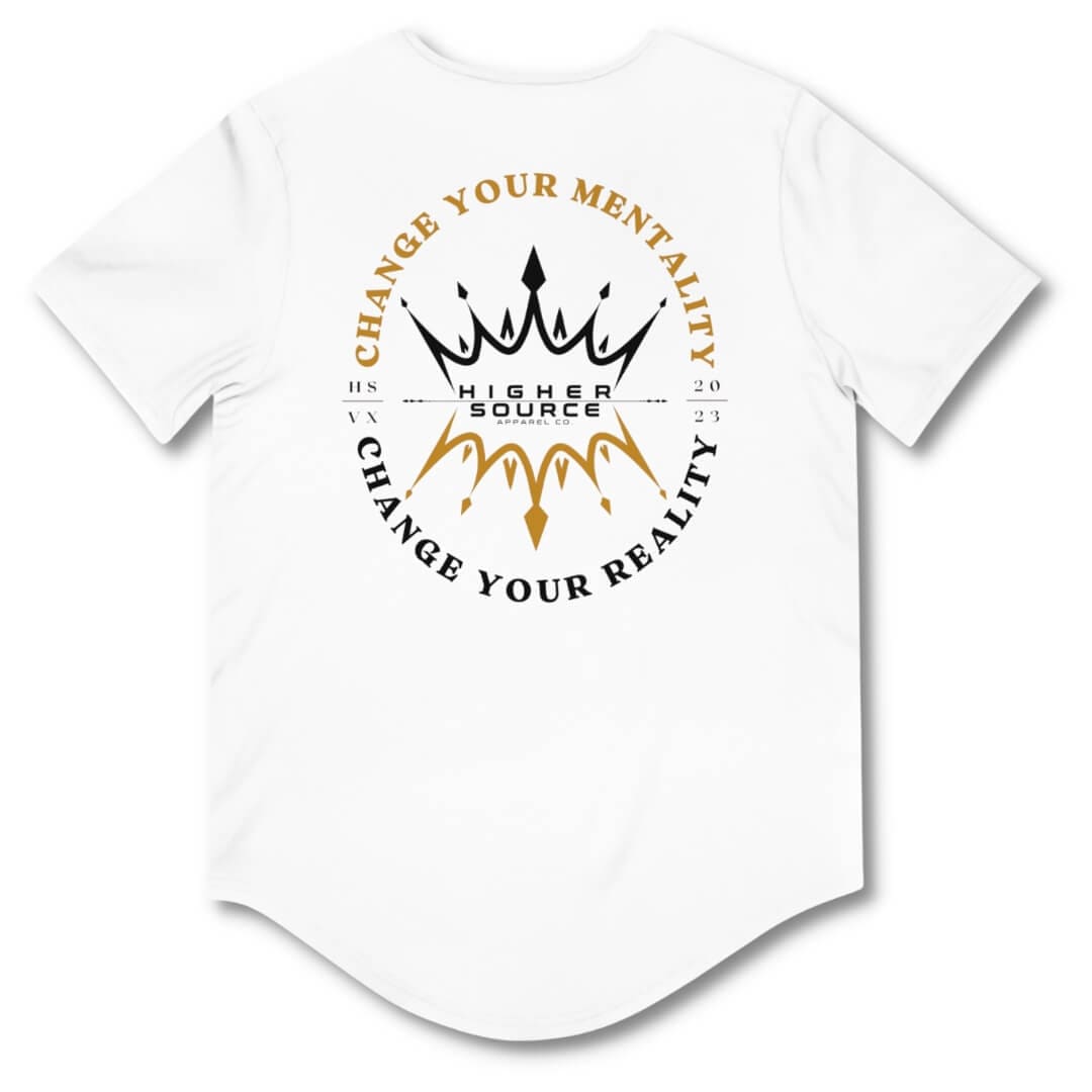 Back side of a white higher source apparel curved hem t shirt with "change your mentality, change your reality in an oval pattern. The font is black and gold with two crowns in the center. 