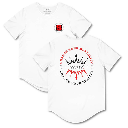 Front and back side of a white higher source apparel curved hem t shirt with "change your mentality, change your reality in an oval pattern. The font is vivid red with two crowns in the center.